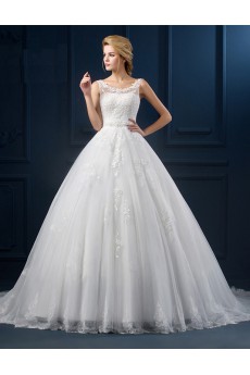 Tulle, Lace Scoop Chapel Train Sleeveless Ball Gown Dress with Applique, Beads