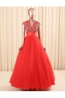 Organza V-neck Floor Length Cap Sleeve Ball Gown Dress with Embroidered