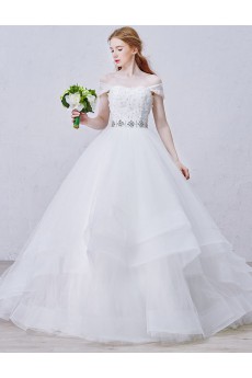 Tulle, Satin, Net Strapless Sweep Train Removable Sleeves Ball Gown Dress with Handmade Flowers, Bead, Rhinestone