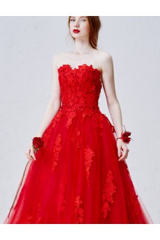 Lace, Tulle, Satin Strapless Sweep Train Sleeveless A-line Dress with Flower