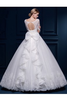 Tulle, Lace Scoop Floor Length Half Sleeve Ball Gown Dress with Bow, Sequins