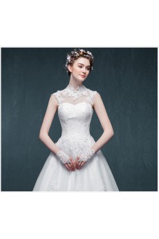Tulle, Satin, Lace High Collar Floor Length Cap Sleeve A-line Dress with Handmade Flowers, Rhinestone