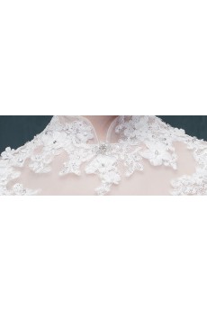 Tulle, Satin, Lace High Collar Floor Length Cap Sleeve A-line Dress with Handmade Flowers, Rhinestone