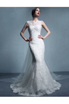Tulle, Lace Jewel Chapel Train Sleeveless Mermaid Dress with Embroidered