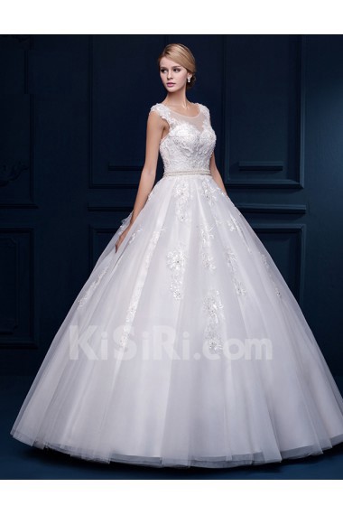 Tulle, Lace Scoop Floor Length Cap Sleeve Ball Gown Dress with Applique, Beads