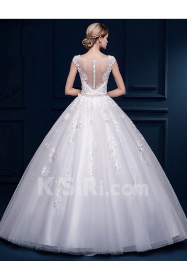Tulle, Lace Scoop Floor Length Cap Sleeve Ball Gown Dress with Applique, Beads