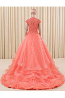 Lace, Tulle High Collar Sweep Train Cap Sleeve Ball Gown Dress with Bow