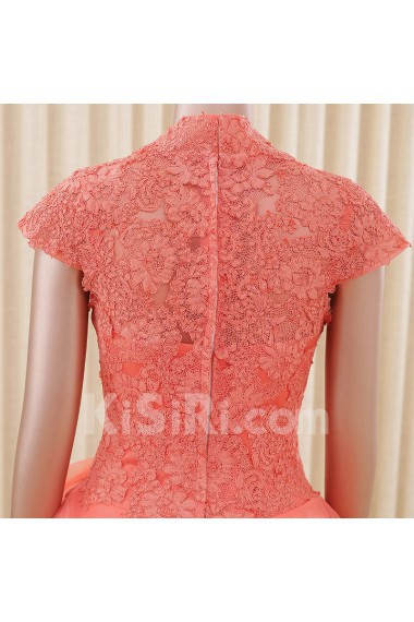 Lace, Tulle High Collar Sweep Train Cap Sleeve Ball Gown Dress with Bow