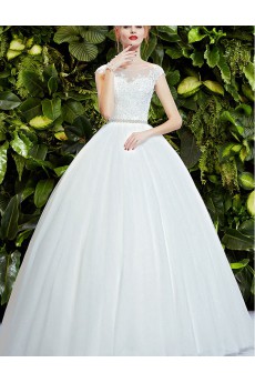 Lace, Tulle Scoop Sweep Train Cap Sleeve Ball Gown Dress with Rhinestone, Sequins