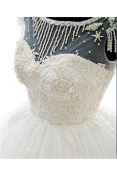 Lace, Tulle Scoop Sweep Train Cap Sleeve A-line Dress with Pearl
