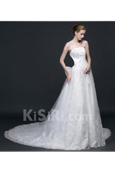 Lace, Satin, Tulle Strapless Chapel Train Sleeveless A-line Dress with Beads, Bow