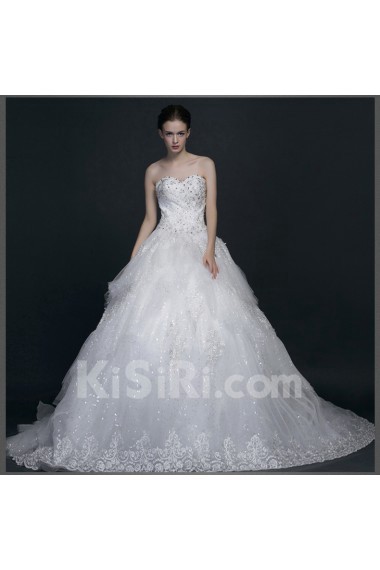 Lace, Satin, Tulle Sweetheart Chapel Train Sleeveless Ball Gown Dress with Rhinestone, Sequins