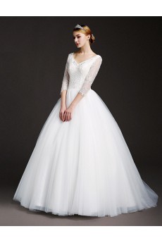 Tulle, Lace V-neck Sweep Train Three-quarter Ball Gown Dress with Beads