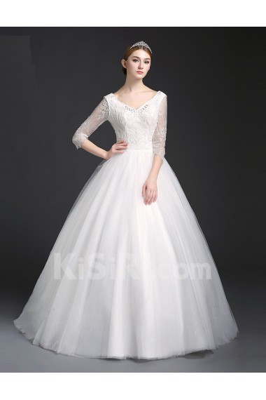 Tulle, Lace V-neck Sweep Train Three-quarter Ball Gown Dress with Beads