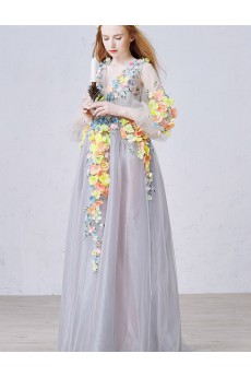 Tulle V-neck Sweep Train Long Sleeve A-line Dress with Handmade Flowers