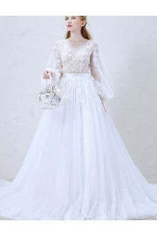 Lace, Tulle Scoop Chapel Train Long Sleeve A-line Dress with Handmade Flowers