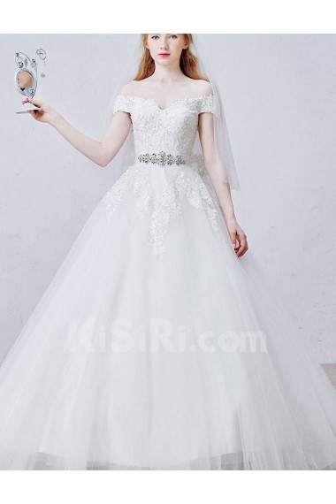 Lace, Tulle, Satin Off-the-Shoulder Chapel Train Ball Gown Dress with Sequins, Rhinestone