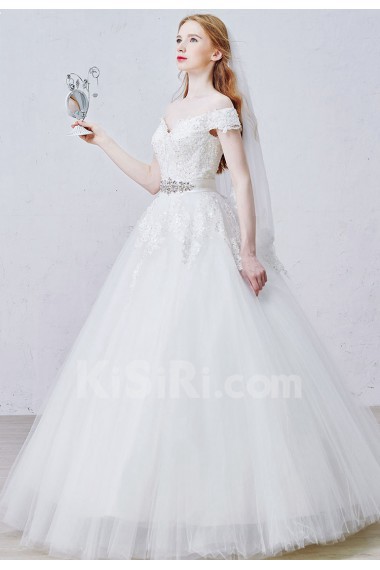 Lace, Tulle, Satin Off-the-Shoulder Chapel Train Ball Gown Dress with Sequins, Rhinestone