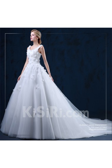 Tulle, Lace Scoop Chapel Train Sleeveless Ball Gown Dress with Handmade Flowers