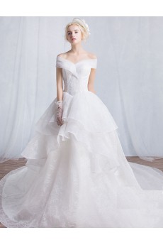 Tulle, Lace Off-the-Shoulder Sweep Train Ball Gown Dress