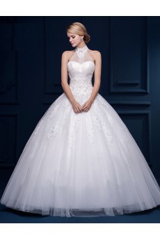 Tulle, Lace Halter Floor Length Sleeveless Ball Gown Dress with Pearl