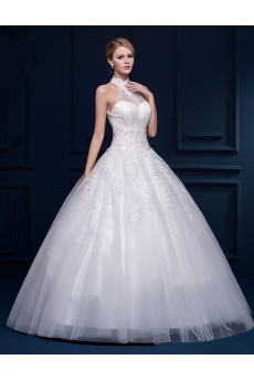 Tulle, Lace Halter Floor Length Sleeveless Ball Gown Dress with Pearl