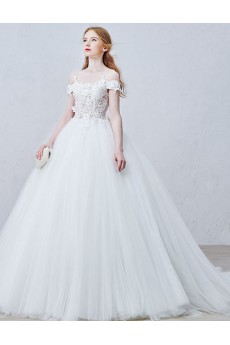 Lace, Organza, Tulle Off-the-Shoulder Sweep Train Ball Gown Dress with Rhinestone, Flowers