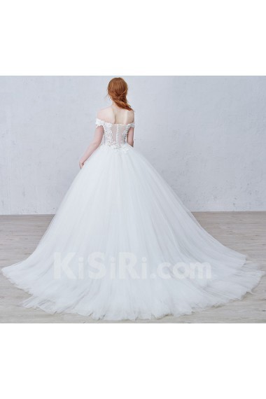 Lace, Organza, Tulle Off-the-Shoulder Sweep Train Ball Gown Dress with Rhinestone, Flowers