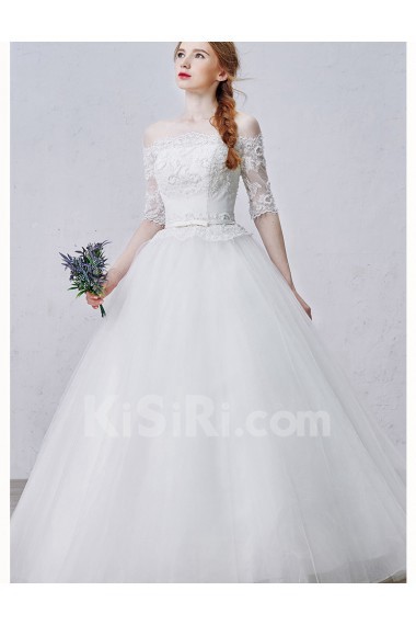 Lace, Tulle Off-the-Shoulder Floor Length Half Sleeve Ball Gown Dress with Bead