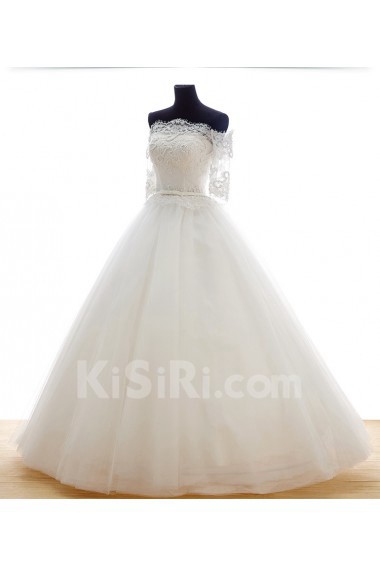 Lace, Tulle Off-the-Shoulder Floor Length Half Sleeve Ball Gown Dress with Bead