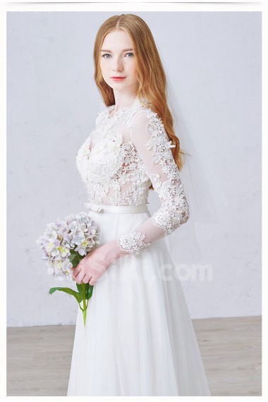 Lace, Satin, Tulle Jewel Floor Length Long Sleeve A-line Dress with Pearl, Applique