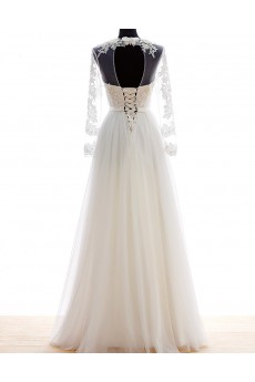 Lace, Satin, Tulle Jewel Floor Length Long Sleeve A-line Dress with Pearl, Applique