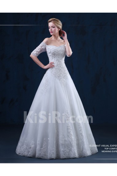 Tulle, Lace Off-the-Shoulder Floor Length Half Sleeve A-line Dress with Beads