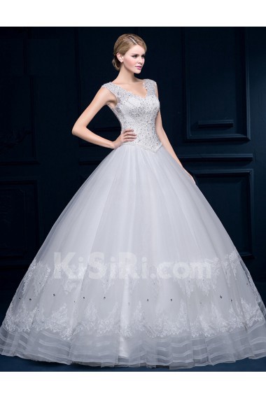 Tulle, Lace V-neck Floor Length Cap Sleeve Ball Gown Dress with Beads, Applique