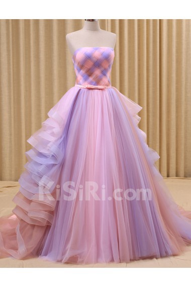 Tulle Strapless Chapel Train Sleeveless Ball Gown Dress with Bow