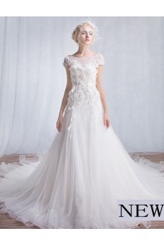 Tulle, Lace Scoop Cathedral Train Cap Sleeve A-line Dress with Handmade Flowers, Sash