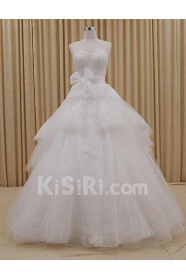 Tulle, Satin Sweetheart Floor Length Sleeveless Ball Gown Dress with Beads, Bow