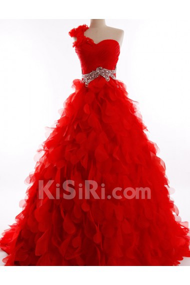 Tulle, Satin One-shoulder Chapel Train Sleeveless A-line Dress with Rhinestone
