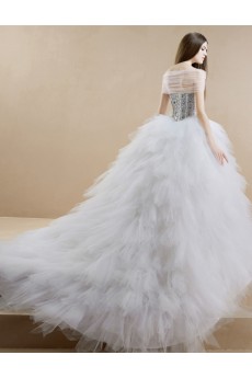 Tulle, Satin Off-the-Shoulder Chapel Train Ball Gown Dress with Rhinestone, Bead, Sequins