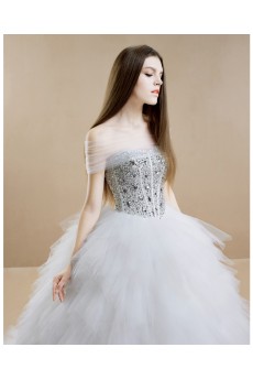 Tulle, Satin Off-the-Shoulder Chapel Train Ball Gown Dress with Rhinestone, Bead, Sequins