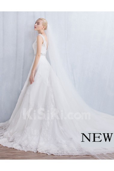 Tulle, Lace V-neck Chapel Train Sleeveless A-line Dress with Sash