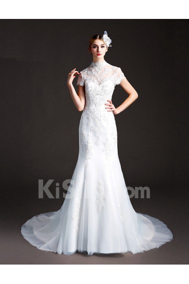 Tulle, Lace High Collar Chapel Train Cap Sleeve Mermaid Dress with Sequins, Beads