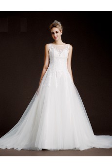 Lace, Tulle Bateau Cathedral Train Sleeveless A-line Dress with Sequins