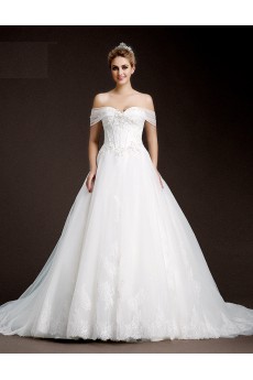 Lace, Tulle Off-the-Shoulder Cathedral Train A-line Dress with Handmade Flowers