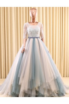 Tulle Square Sweep Train Half Sleeve Ball Gown Dress with Beads