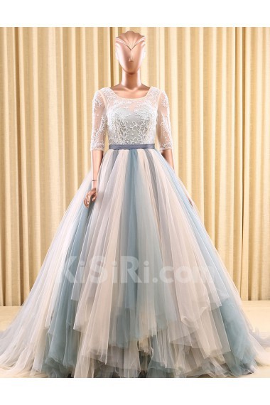 Tulle Square Sweep Train Half Sleeve Ball Gown Dress with Beads