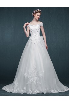 Lace, Tulle Off-the-Shoulder Sweep Train A-line Dress with Rhinestone, Bow