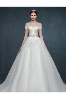 Tulle, Lace, Satin Off-the-Shoulder Sweep Train Ball Gown Dress with Rhinestone, Sash