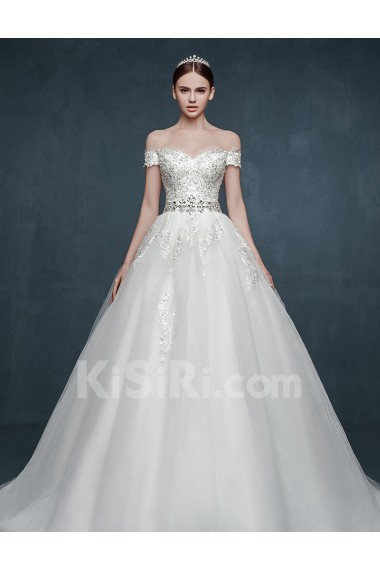 Tulle, Lace, Satin Off-the-Shoulder Sweep Train Ball Gown Dress with Rhinestone, Sash