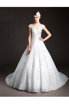 Tulle, Lace V-neck Cathedral Train Cap Sleeve Ball Gown Dress with Sequins, Rhinestone